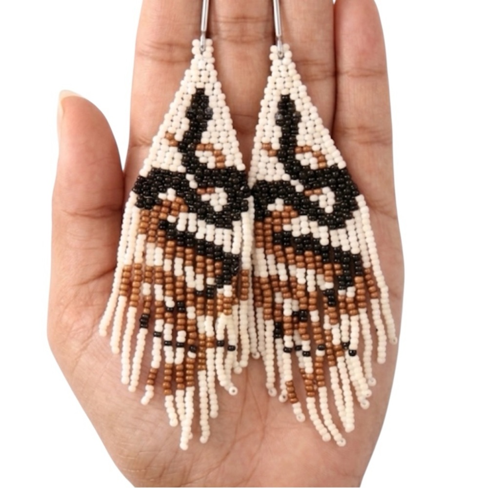 Boho Snake Beaded Fringe Earrings Black Gold White Southwestern Statement